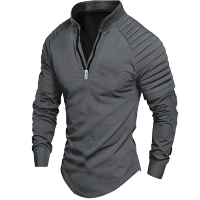 Men's Long Sleeve Polo Shirt - Casual Solid Color with Zipper Collar - Buy Center US