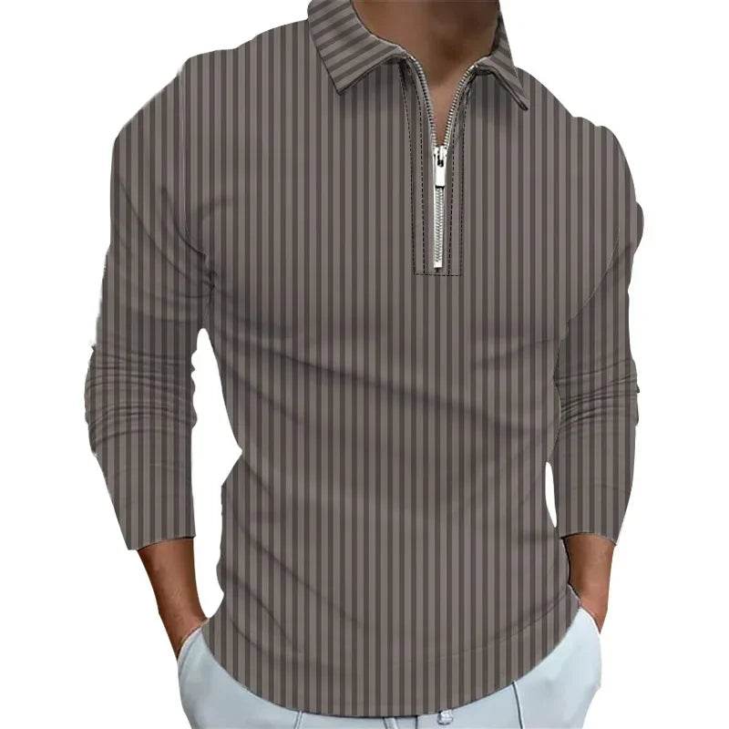 Casual Stripe Polo Shirt for Men - Long Sleeve Zipper Top in Autumn - Buy Center US
