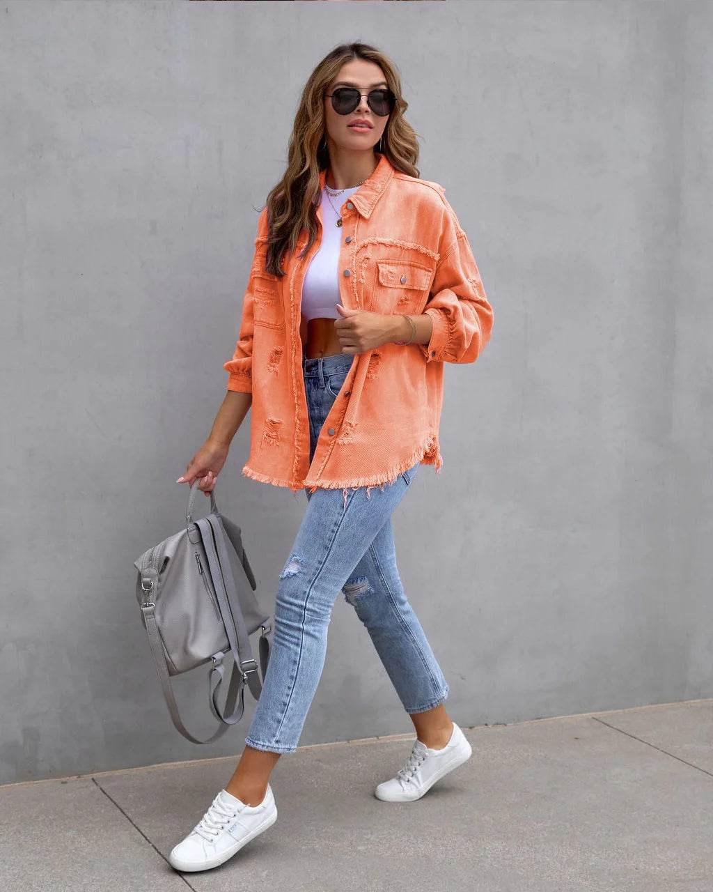 XXOWEN Women's Long Sleeve Denim Jacket - Casual Broken Hole Style - Buy Center US