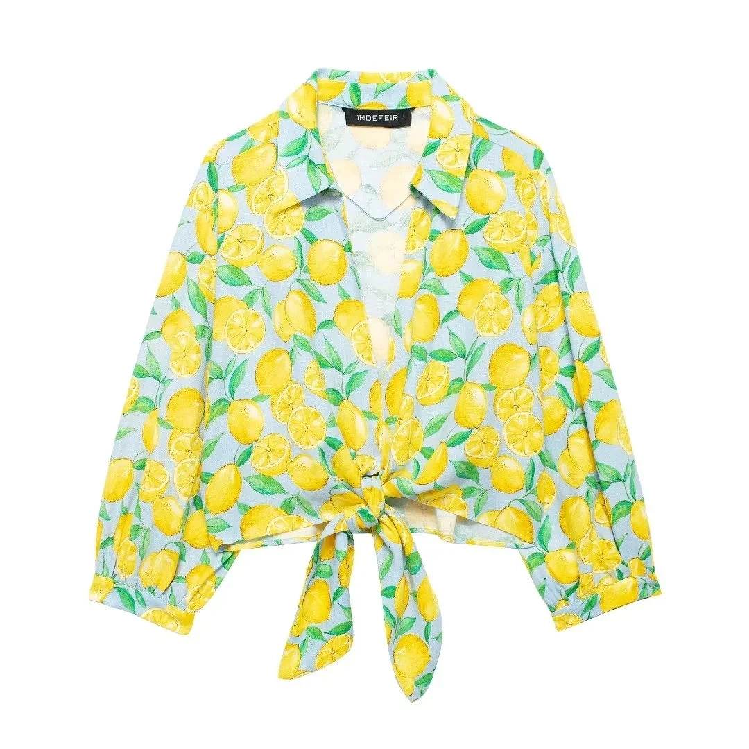 TRAFZA Lemon Print Summer Shorts Set - Casual Lace-up Blouse & Shorts - Buy Center US