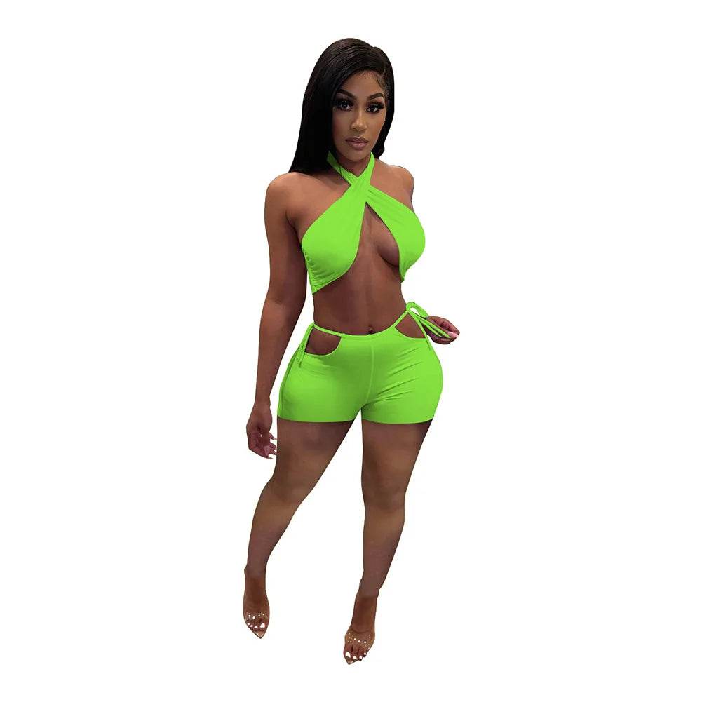 Stylish Women's Two Piece Set - Criss Cross Crop Top & Shorts - Buy Center US