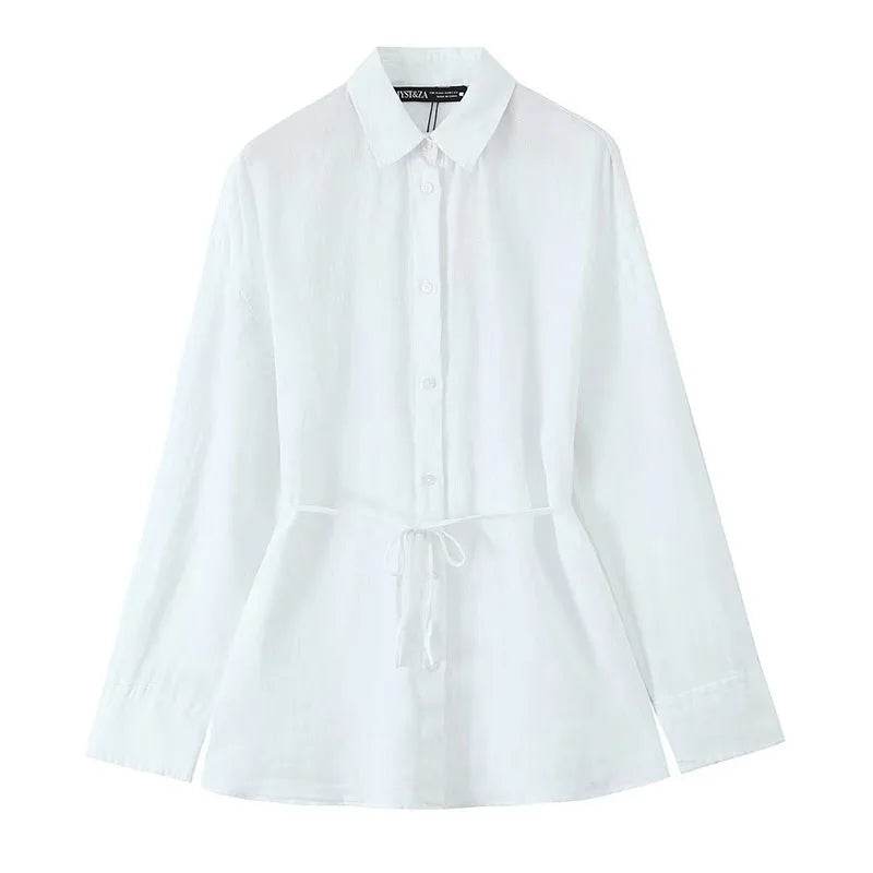 Women's Oversize Shirt with Belt - Casual Linen Blend, Long Sleeve - Buy Center US