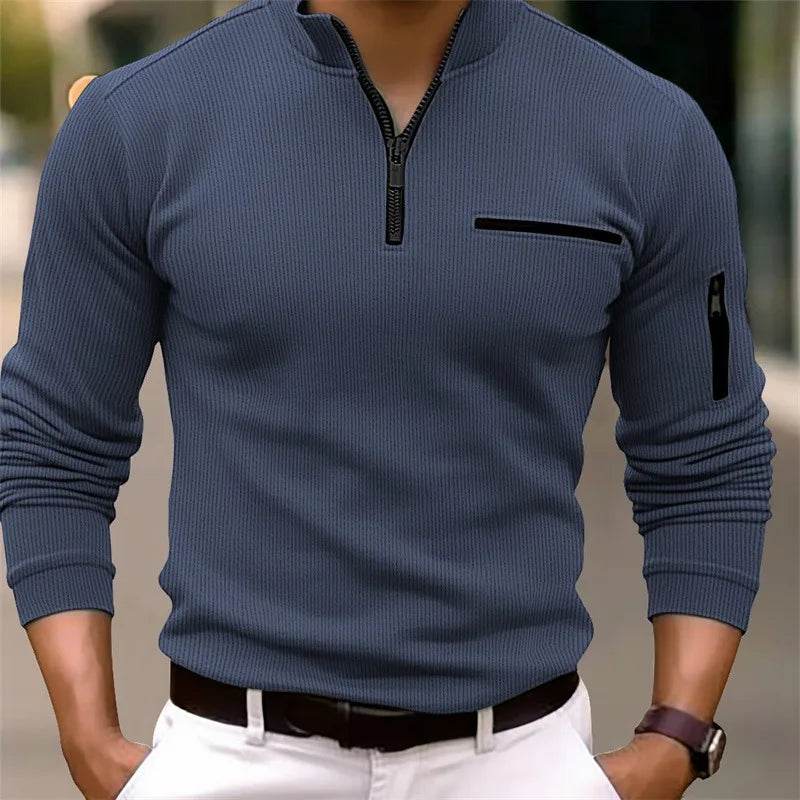 Striped Zipper Polo Shirt for Men – Casual Long Sleeve Office & Leisure - Buy Center US