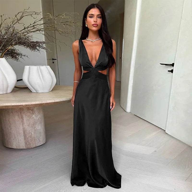 Tornova Women's Deep V Neck Hollow Dress - Sleeveless Beach Vacation Style - Buy Center US