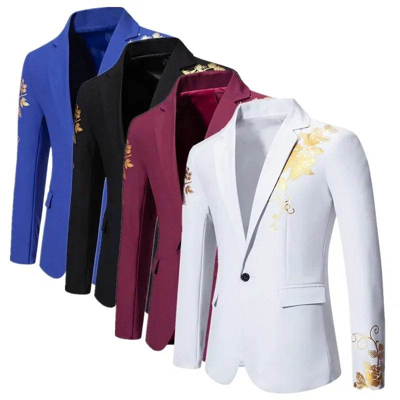 Stylish Men's Wedding Blazer - Black/White/Royal Blue Rose Print - Buy Center US