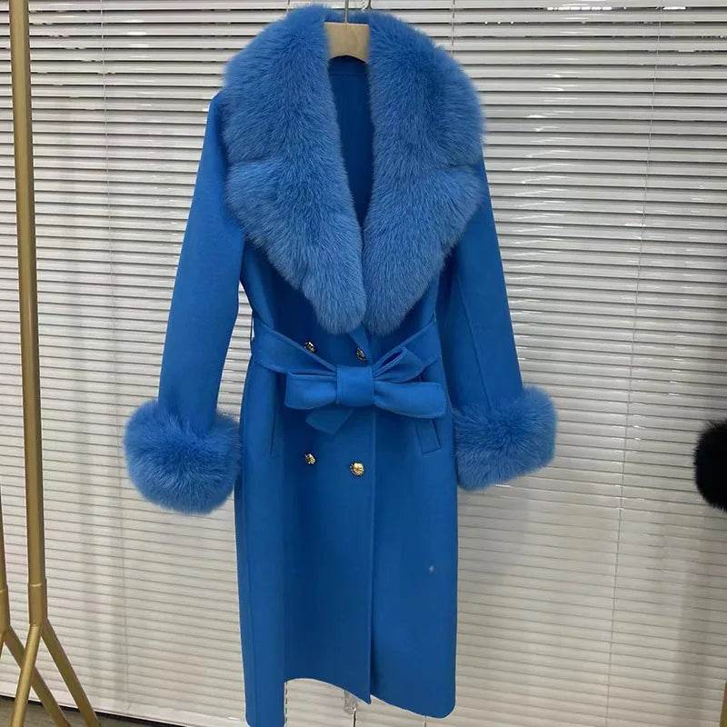 HSPLC Women's Long Wool Blended Coat with Fox Fur Collar - Winter Fashion - Buy Center US