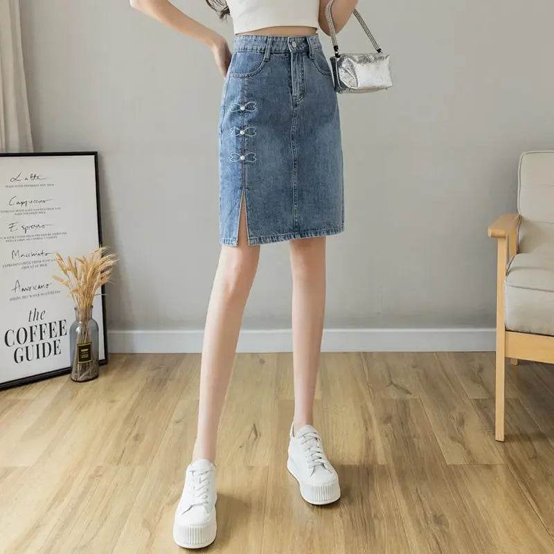 Kawaii Women's Denim Midi Skirt - Elegant A-Line Casual Style - Buy Center US