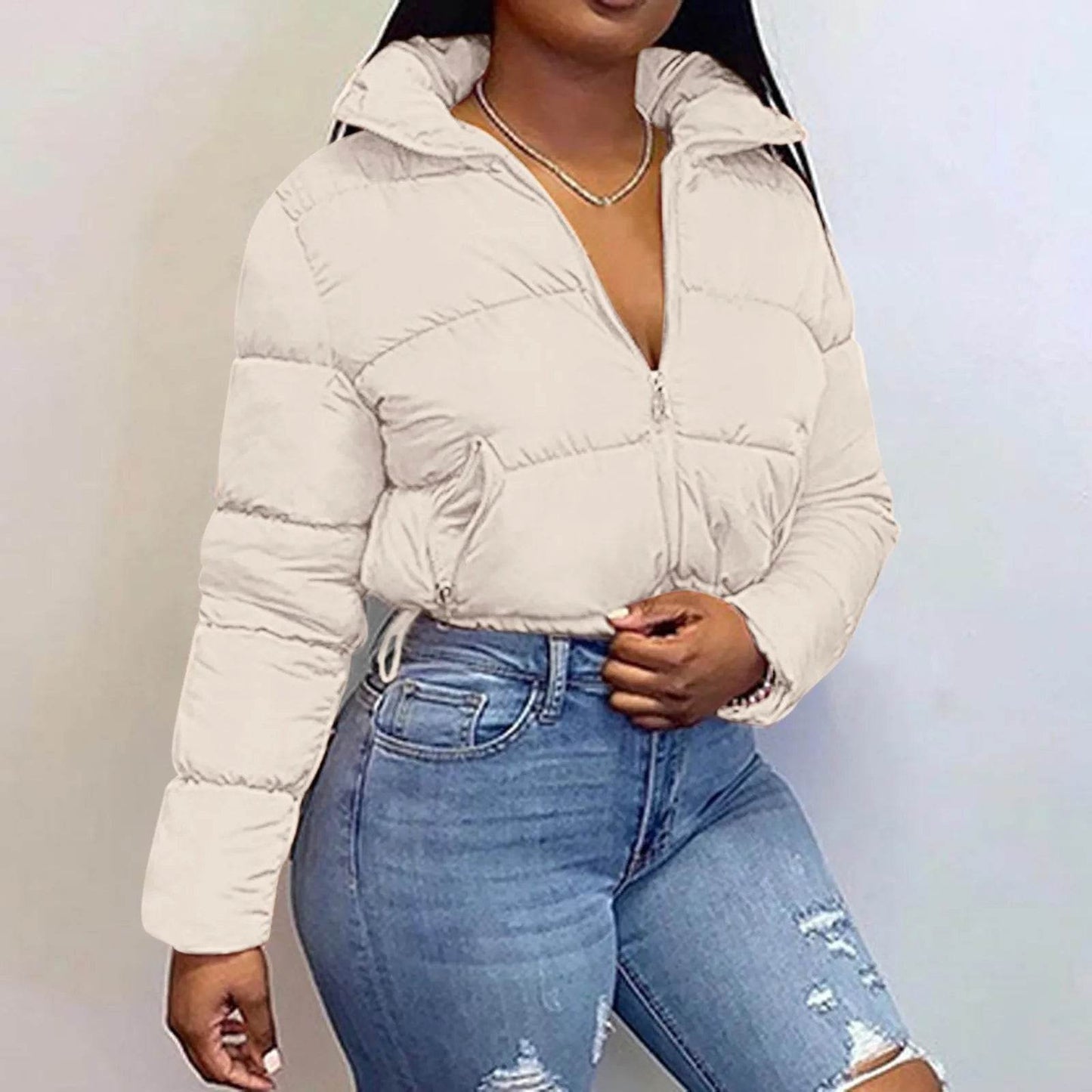 Women's Autumn Winter Stand Collar Padded Cropped Jacket - Zipper - Buy Center US