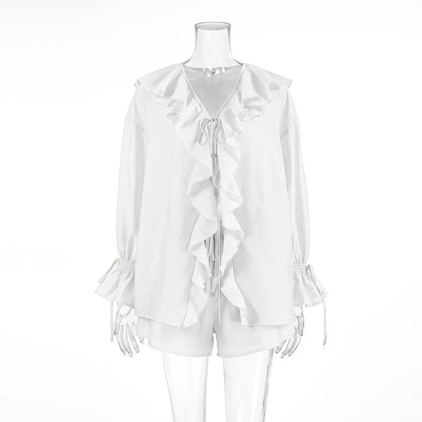 Tornova Women's Ruffled Shorts Set - V Neck Lace Up Casual Style - Buy Center US