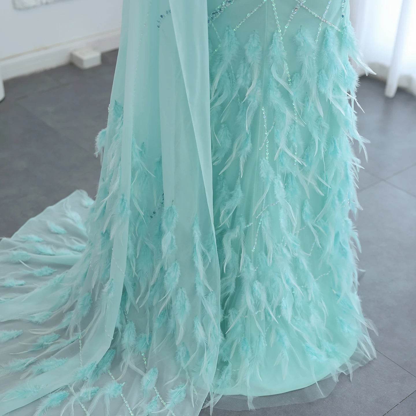 Sharon Said One-Shoulder Evening Dress - Turquoise Aqua with Cape Train - Buy Center US
