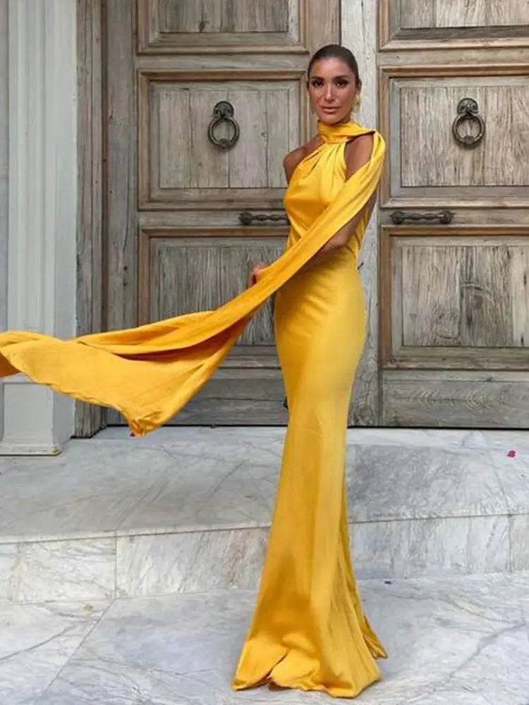 HTTEM Elegant Off Shoulder Halter Dress - Summer Slim Maxi Style - Buy Center US