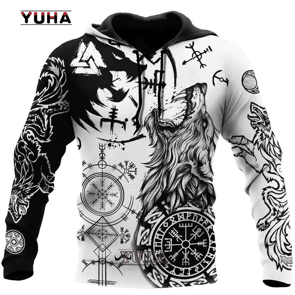 Retro Wolf Tattoo Vegvisir Hoodie - Black & White 3D Print for Men - Buy Center US