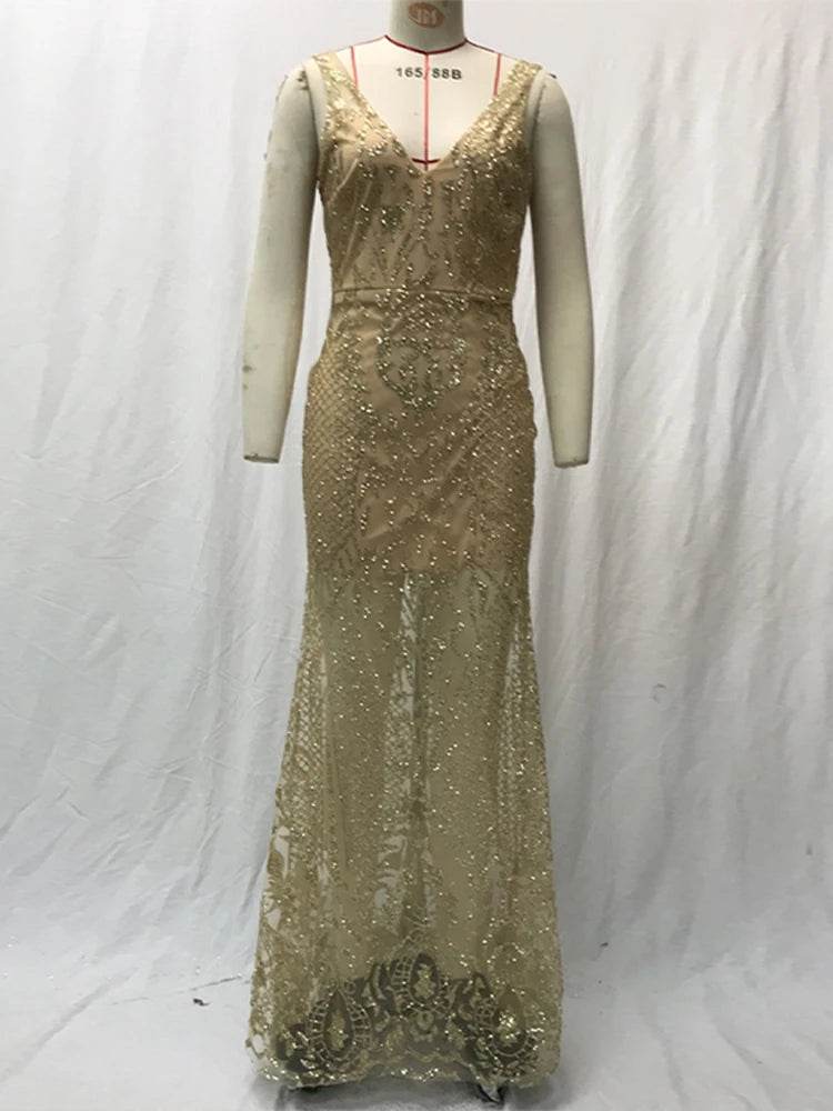 Elegant V Neck Maxi Dress for Women - Shiny Sequin Party Robe - Buy Center US