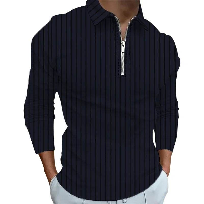Casual Stripe Polo Shirt for Men - Long Sleeve Zipper Top in Autumn - Buy Center US