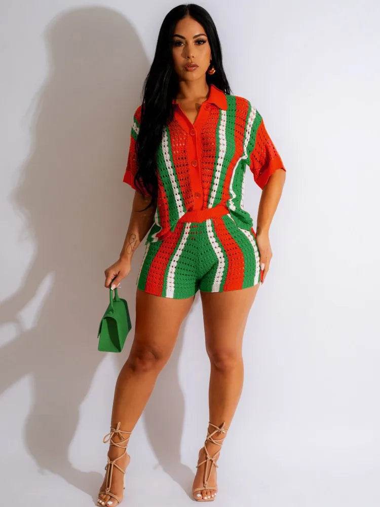 JRRY Sexy Women Knitted Beach Set - Turn Down Collar, Hollow Out - Buy Center US