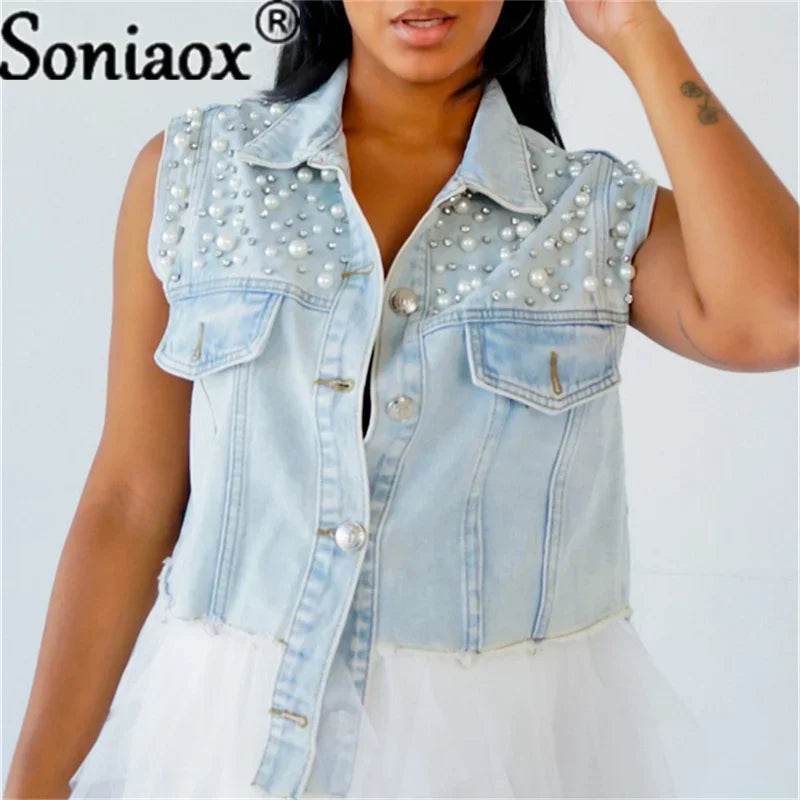 Soniaox Women's Denim Jacket Vest - Beaded Casual Short Coat - Buy Center US