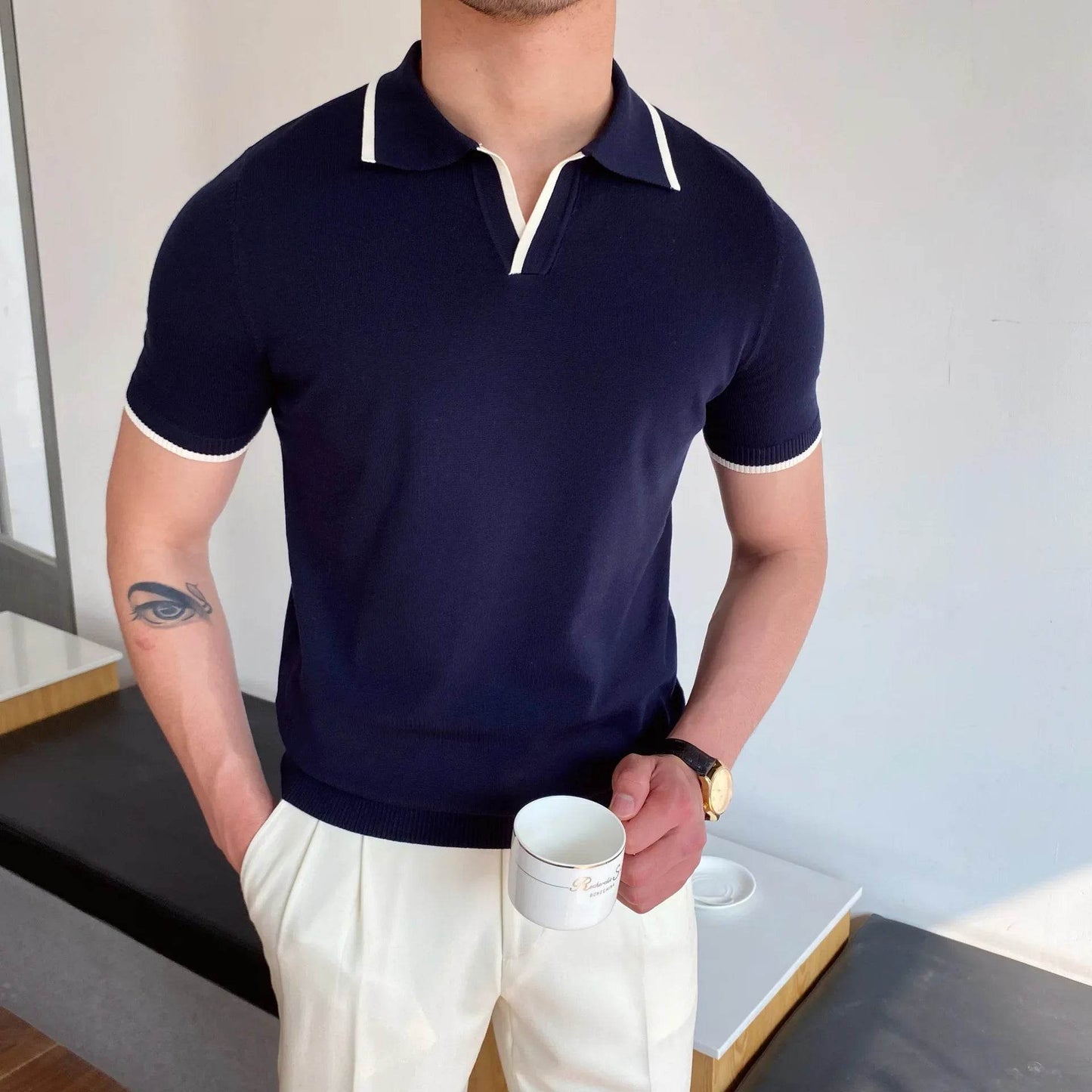 ELITEVESTA Men's Slim-Fit Polo Shirt - Elbow Sleeve, Breathable Cotton - Buy Center US