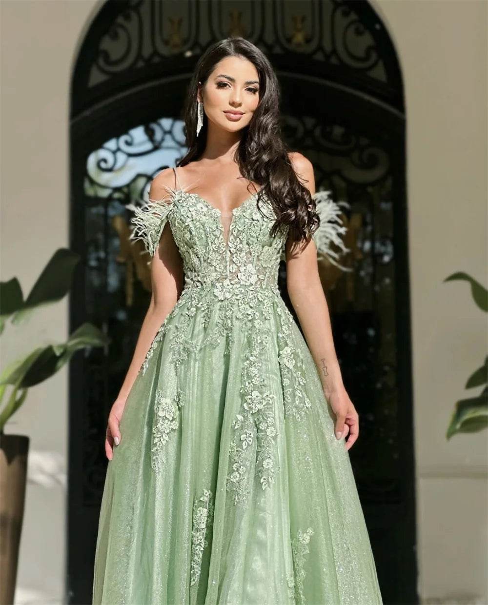 Cathy Light Green Off the Shoulder Prom Dress - High Split, Lace Embroidery - Buy Center US