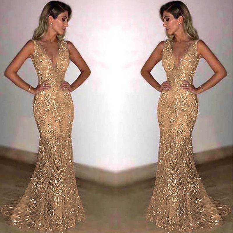 Elegant V Neck Maxi Dress for Women - Shiny Sequin Party Robe - Buy Center US