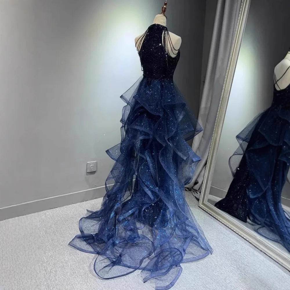 Jeheth Elegant Navy Blue Evening Dress - Customized Sweep Train Gown - Buy Center US