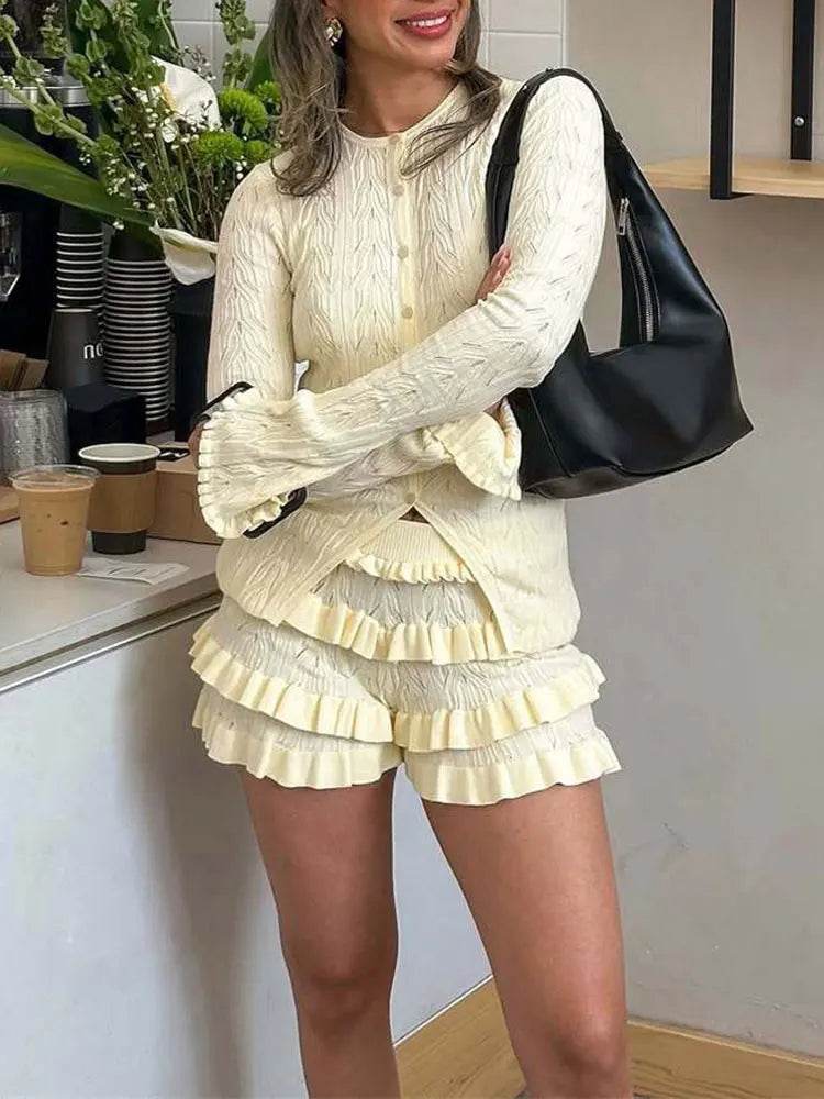 Tossy Women's Summer Knit Ruffled 2 Piece Set - Stylish Cardigan & Shorts - Buy Center US