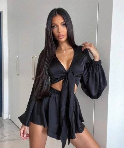 Women's Solid Color Lace Up Beach Suit - Spring Summer Casual Set - Buy Center US