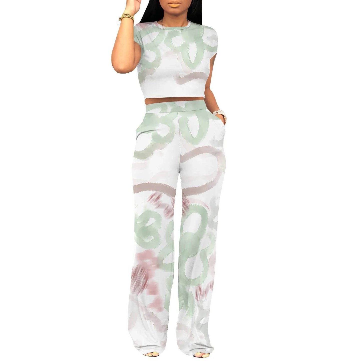 Women's Summer Two-Piece Outfit - Crop Top & Wide Leg Pants Set - Buy Center US