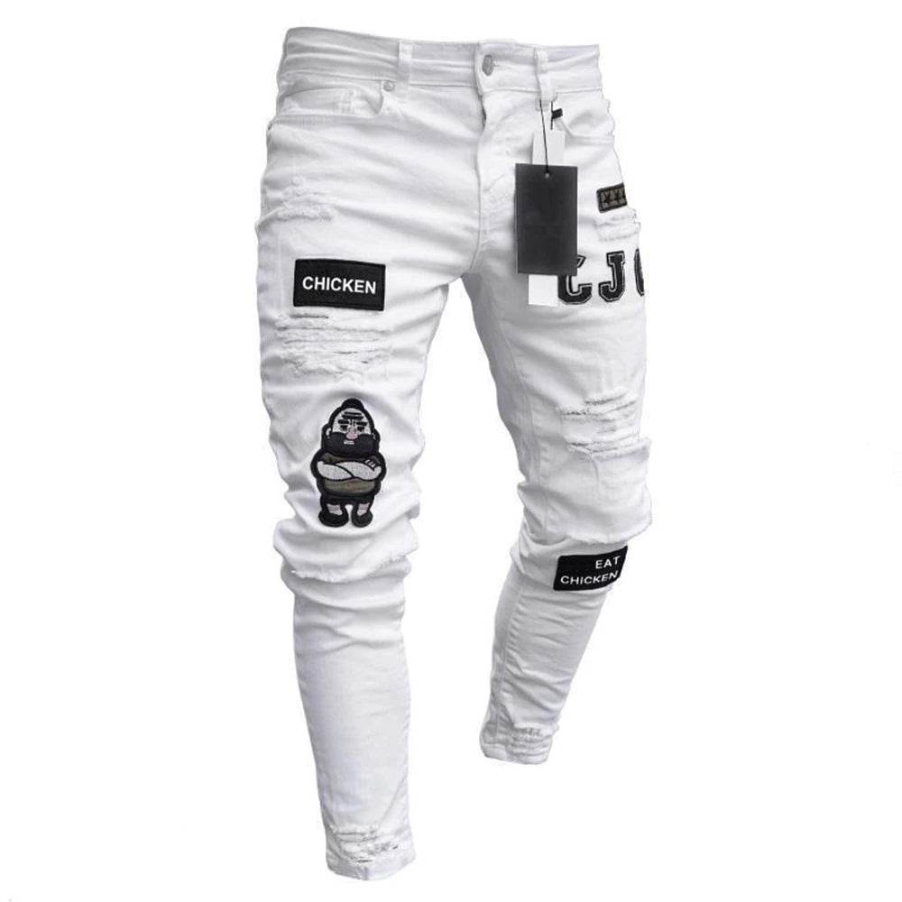 Tsingyi White Embroidery Ripped Jeans - Slim Fit Casual Denim - Buy Center US