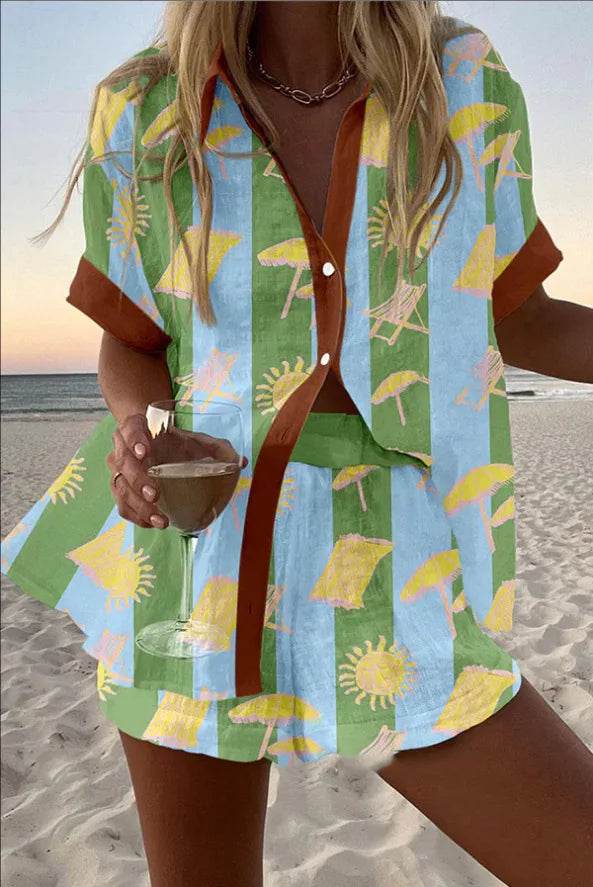 Women's Summer Print 2-Piece Beach Set - Casual Short Sleeve Top - Buy Center US
