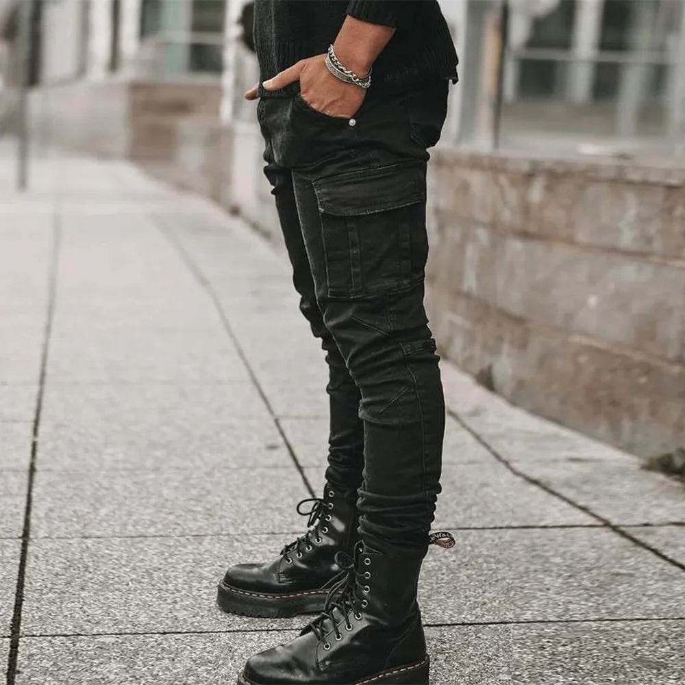 Slim Fit Men's Denim Cargo Pants - Multi Pocket Casual Trousers - Buy Center US