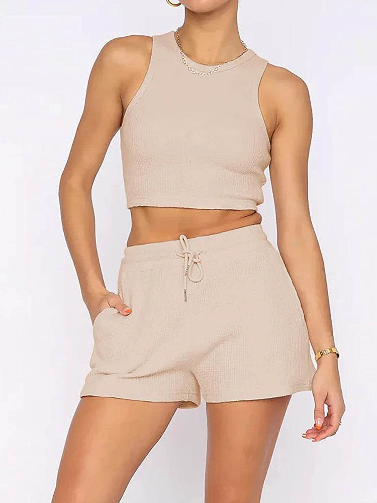 Elegant Women's Two-Piece Set - Sleeveless Waffle Vest & Shorts - Buy Center US