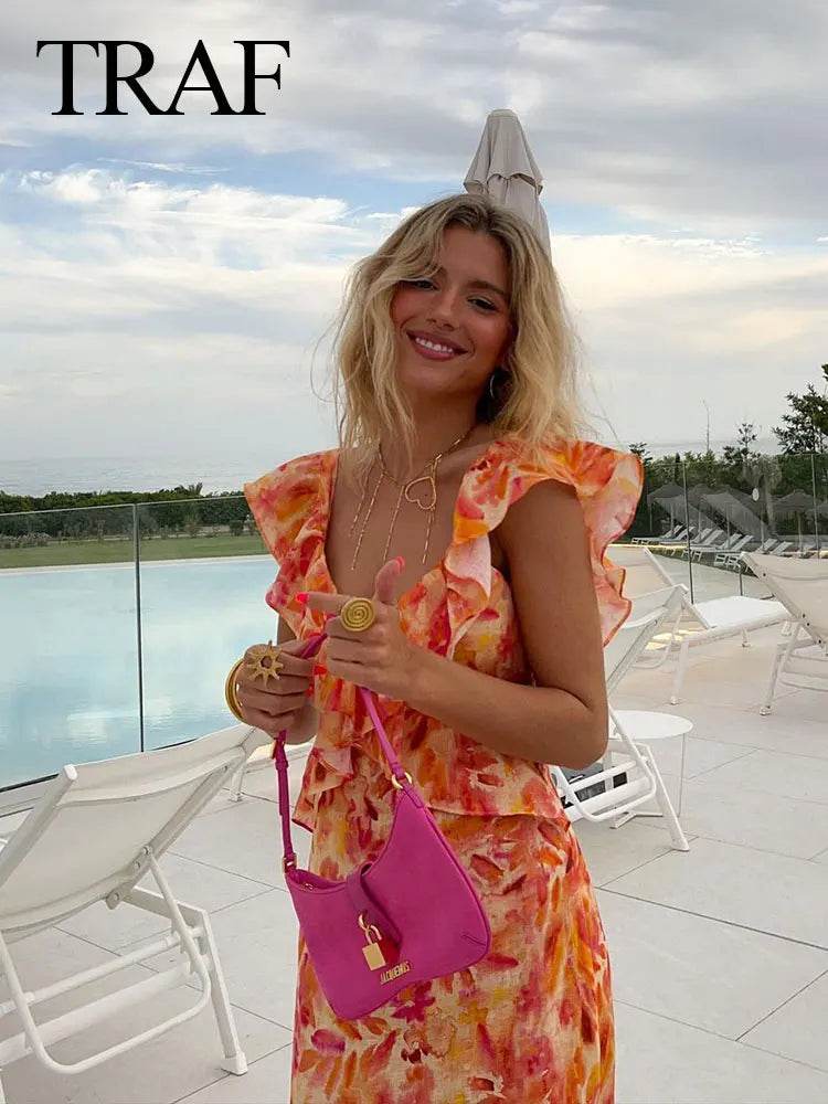 TRAFZA Summer V-Neck Backless Dress - Bohemian Ruffle Print Style - Buy Center US