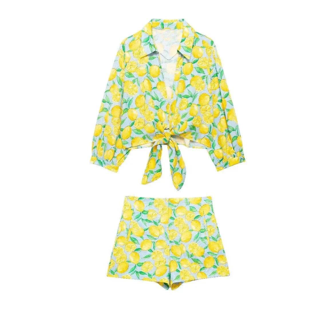 2024 ZAR4 Women's Linen Lemon Print Knot Short Shirt & High-Waist Shorts - Buy Center US