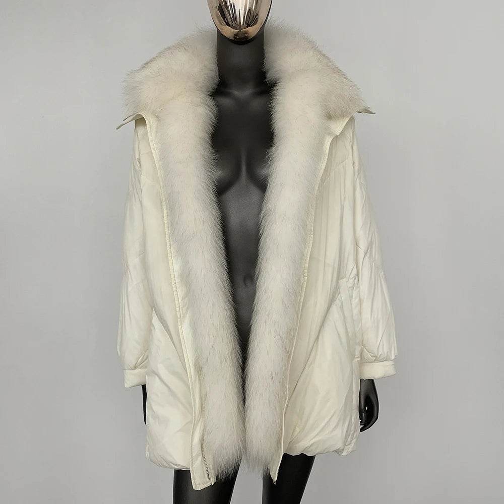 Real Fox Fur Puffer Coat - Women’s Warm Winter Jacket, Loose Fit - Buy Center US