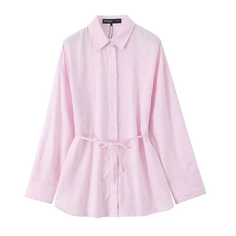 Women's Oversize Shirt with Belt - Casual Linen Blend, Long Sleeve - Buy Center US