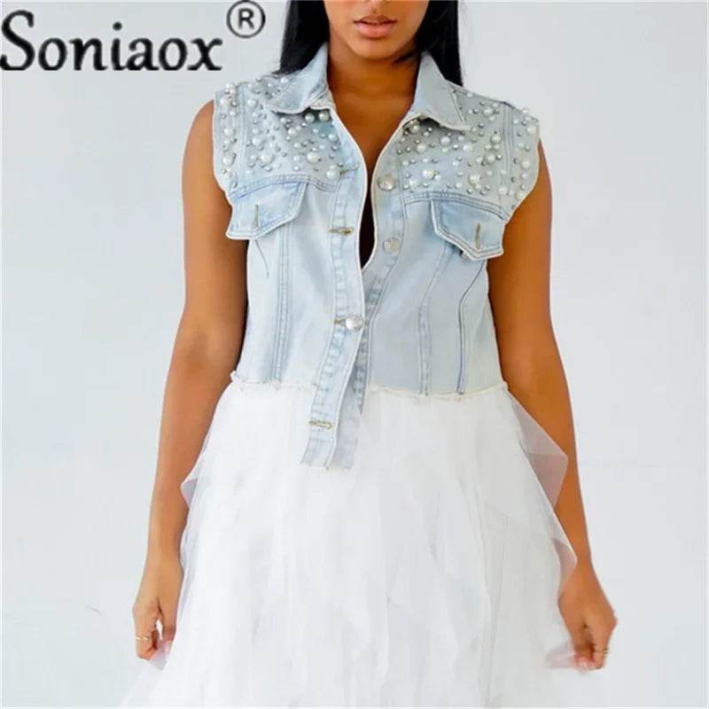 Soniaox Women's Denim Jacket Vest - Beaded Casual Short Coat - Buy Center US