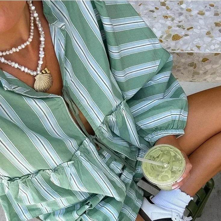Chic Striped Lantern Sleeve Casual Top & Shorts Set for Women - Buy Center US