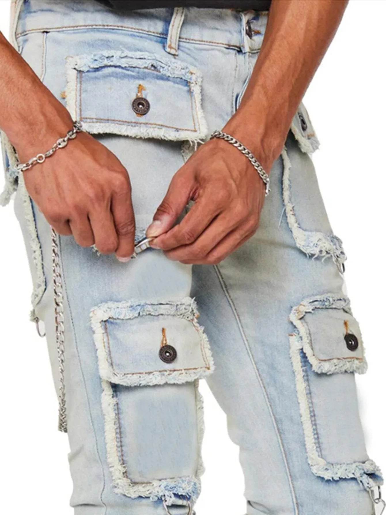 Kalenmos Men's Mid Waist Straight Jeans - Stylish Patchwork Cargo Design - Buy Center US