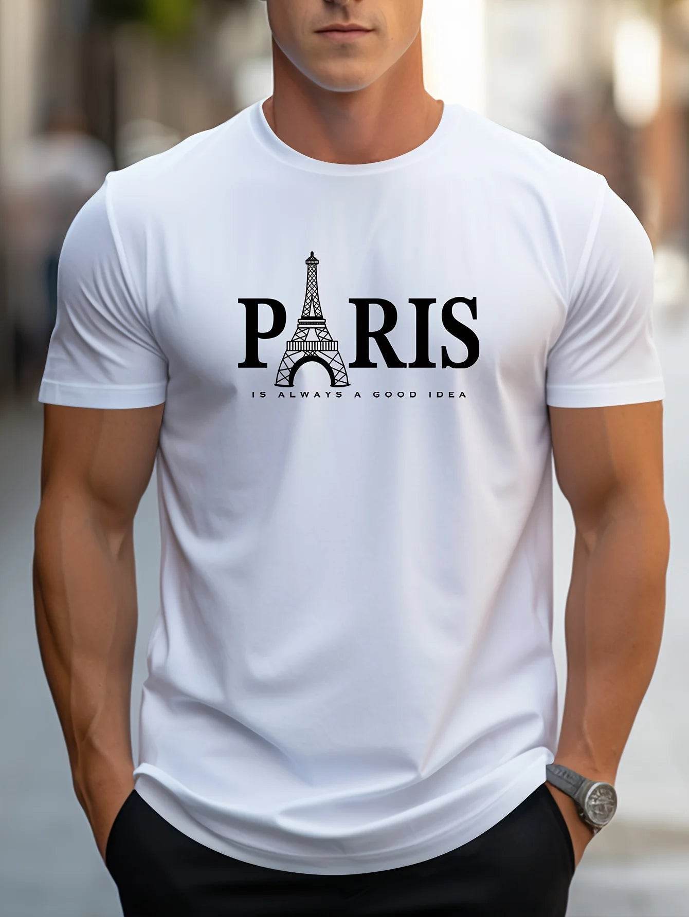 Summer Men's Casual O-Neck T-Shirt - Paris Print, Lightweight & Breathable - Buy Center US