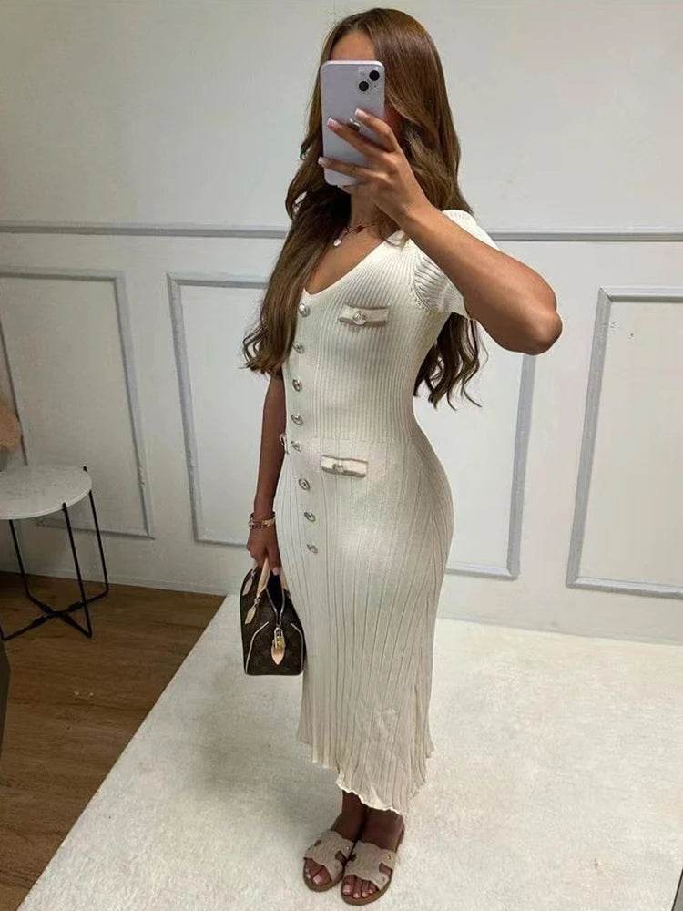 Elegant Office Lady Knitted Dress - Short Sleeve V-Neck Style - Buy Center US