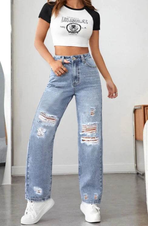 LEEYOVEE Women's Wide-Leg Ripped Denim Pants - Casual Loose Fit - Buy Center US