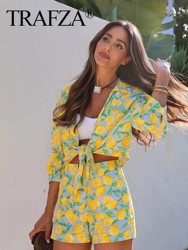 TRAFZA Lemon Print Summer Shorts Set - Casual Lace-up Blouse & Shorts - Buy Center US