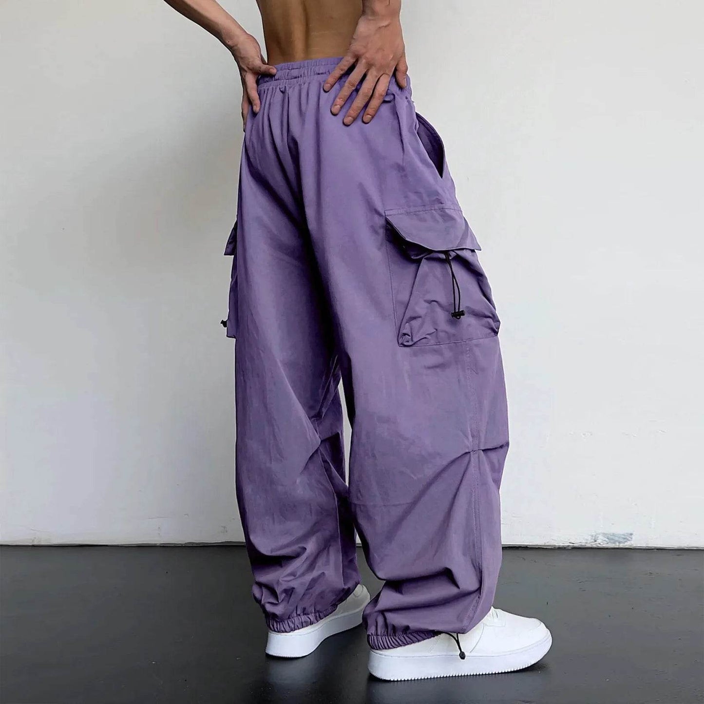 Men's Casual Mid Waist Cargo Pants - Solid Color with Woven Pockets - Buy Center US