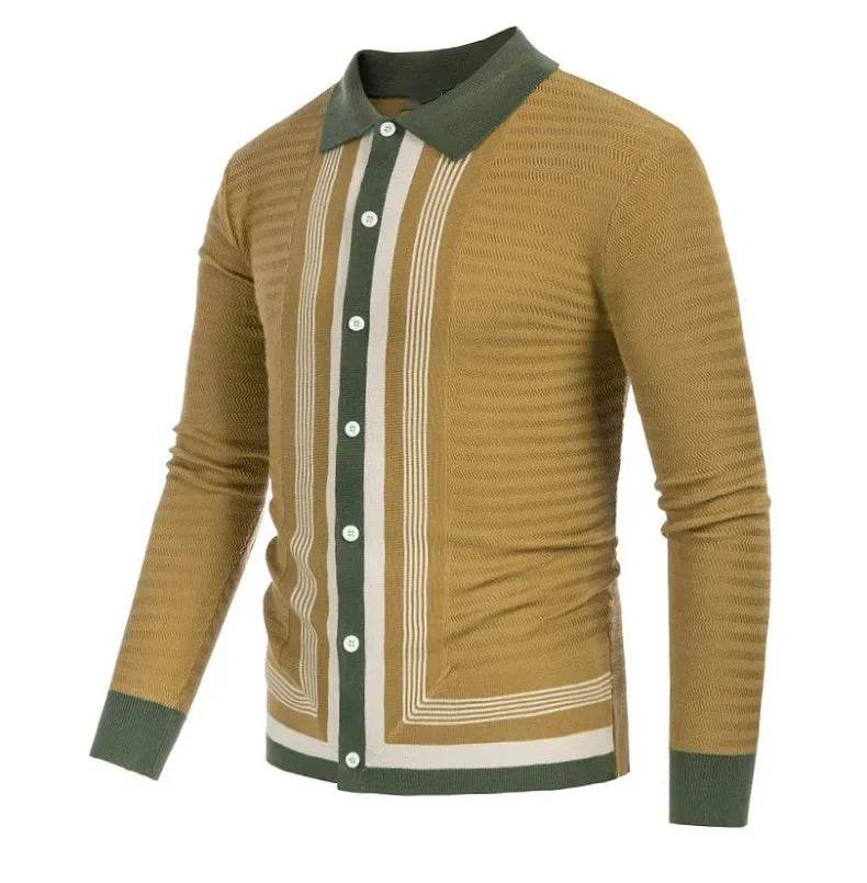 Naupang Men's Striped High-End Knitted Cardigan - Casual Long Sleeve Polo - Buy Center US