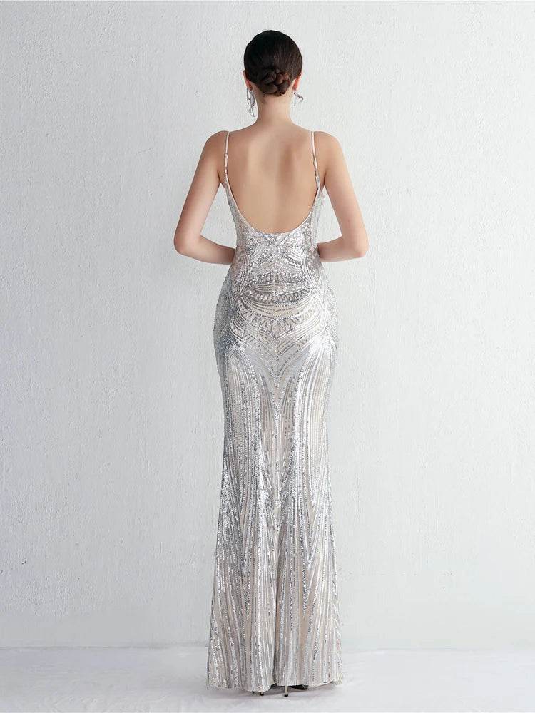 HBLL Sexy V Neck Maxi Dress - Purple Sequin Formal Gown for Parties - Buy Center US