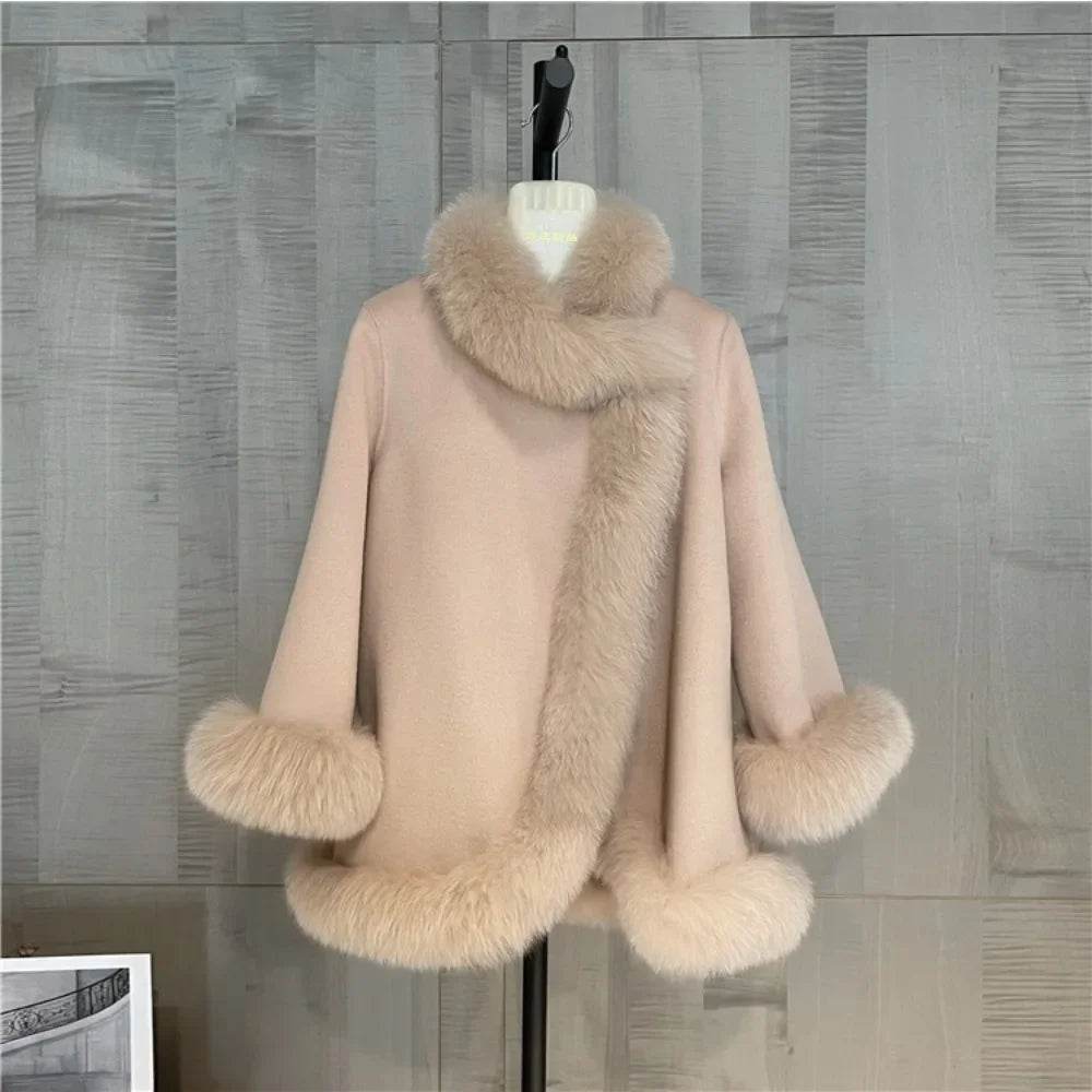 Elegant Real Fox Fur Collar Coat - Women's Wool Cloak for 2024 - Buy Center US