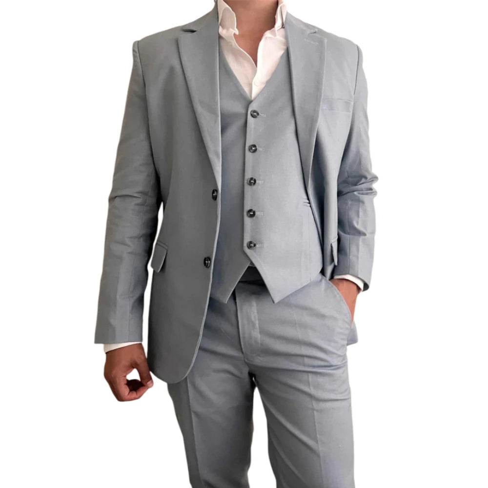 Tunetak Men's 3-Piece Linen Suit - Slim Fit Beige Blazer & Vest Set - Buy Center US