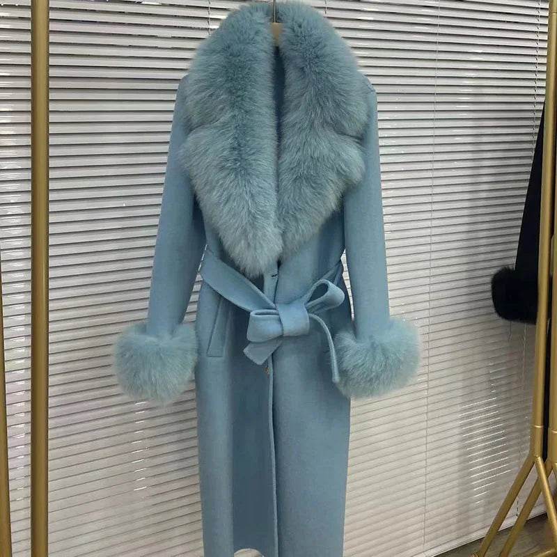 HSPLC Women's Long Wool Blended Coat with Fox Fur Collar - Winter Fashion - Buy Center US
