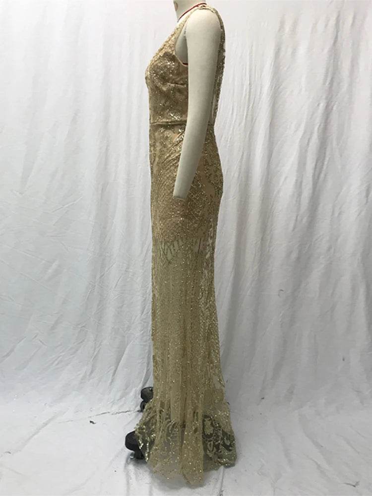 Elegant V Neck Maxi Dress for Women - Shiny Sequin Party Robe - Buy Center US