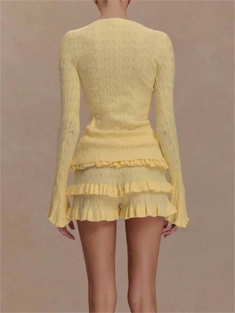 Tossy Women's Summer Knit Ruffled 2 Piece Set - Stylish Cardigan & Shorts - Buy Center US
